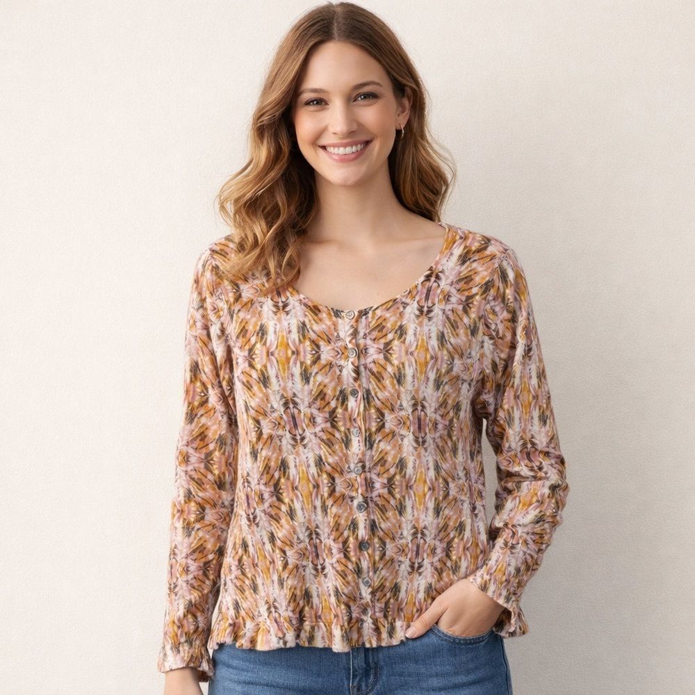 Sundance Sweater Womens Medium Pink Yellow Feather Print Button Front Cotton